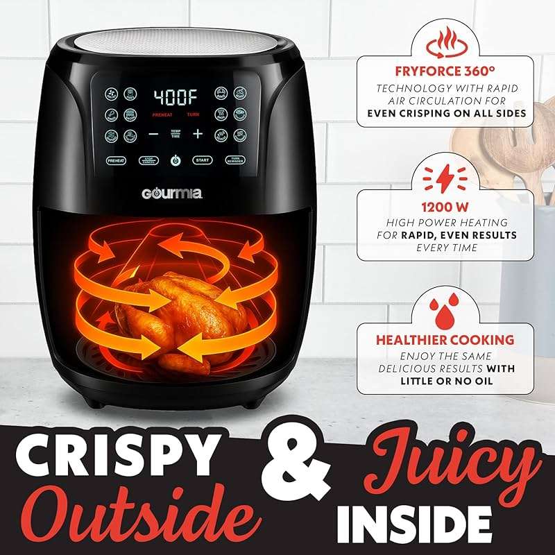 Gourmia Air Fryer - 6 Qt Large Capacity, FryForce 360º, Digital Display with 12 Presets, Roast, Bake, Broil, Dehydrate, Dishwasher Safe Accessories, Black - Image 5