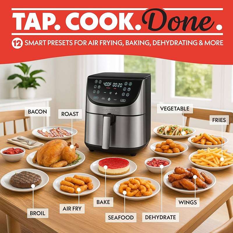 Gourmia Air Fryer - 8 Qt Extra Large Capacity, FryForce360º, Digital Display with 12 Presets, Roast, Bake, Broil, Dehydrate, Dishwasher Safe Accessories, Stainless Steel - Image 3