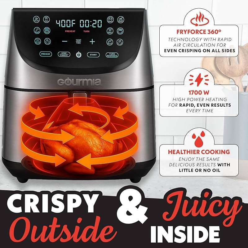 Gourmia Air Fryer - 8 Qt Extra Large Capacity, FryForce360º, Digital Display with 12 Presets, Roast, Bake, Broil, Dehydrate, Dishwasher Safe Accessories, Stainless Steel - Image 5