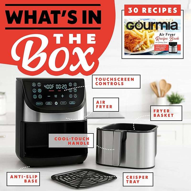 Gourmia Air Fryer - 8 Qt Extra Large Capacity, FryForce360º, Digital Display with 12 Presets, Roast, Bake, Broil, Dehydrate, Dishwasher Safe Accessories, Stainless Steel - Image 7