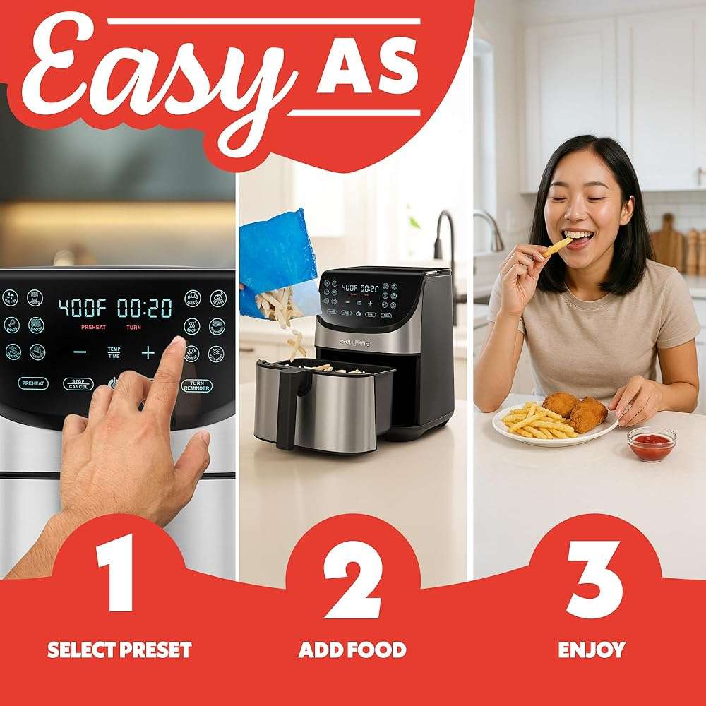 Gourmia Air Fryer - 8 Qt Extra Large Capacity, FryForce360º, Digital Display with 12 Presets, Roast, Bake, Broil, Dehydrate, Dishwasher Safe Accessories, Stainless Steel - Image 10