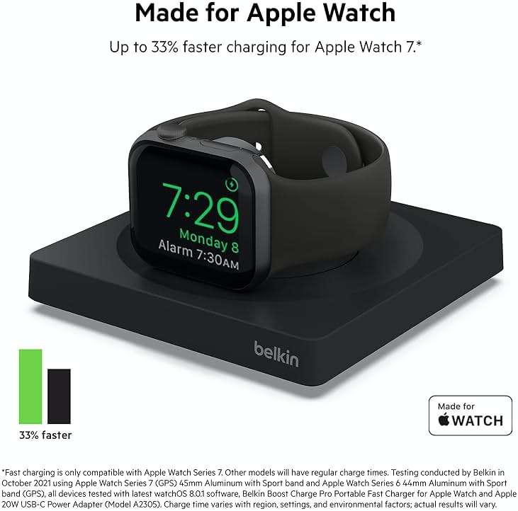Belkin Apple Watch Charger - Fast Wireless Charging Pad - Travel Charger with Nightstand Mode W/USB-C Cable Included for Apple Watch (Compatible with All Models) - Black - Image 2