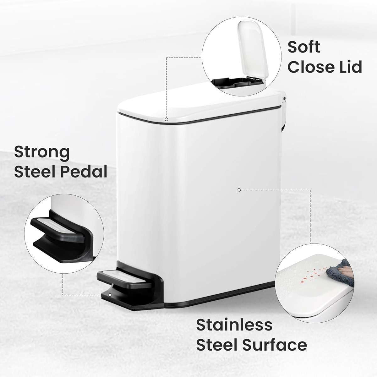 Cesun Small Bathroom Trash Can with Lid Soft Close, Step Pedal, 6 Liter / 1.6 Gallon Stainless Steel Slim Garbage Can for Bedroom, Diaper Waste Basket with Removable Inner Bucket (White) - Image 4