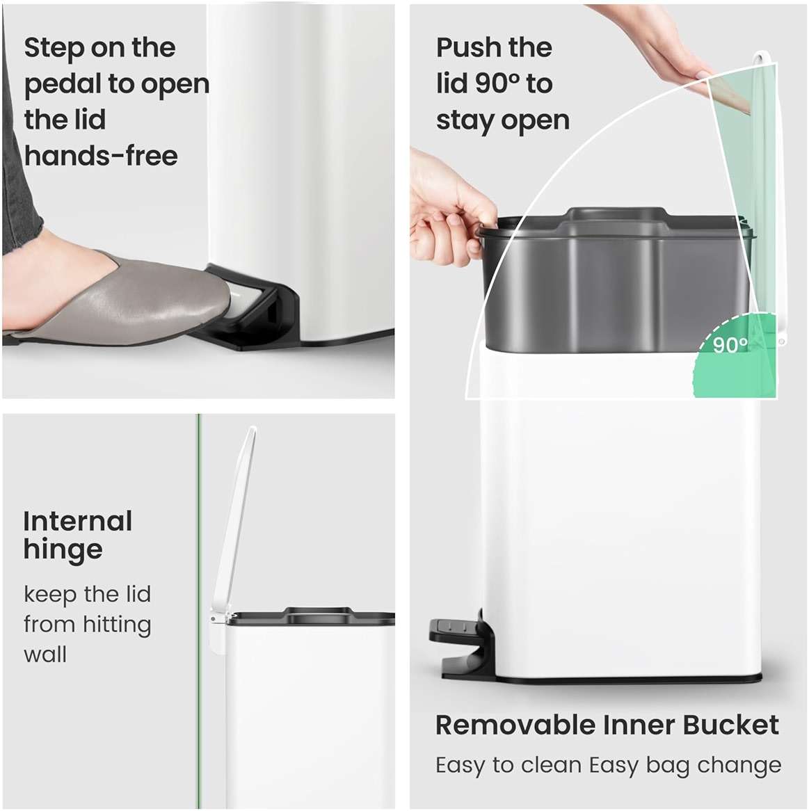 Cesun Small Bathroom Trash Can with Lid Soft Close, Step Pedal, 6 Liter / 1.6 Gallon Stainless Steel Slim Garbage Can for Bedroom, Diaper Waste Basket with Removable Inner Bucket (White) - Image 5