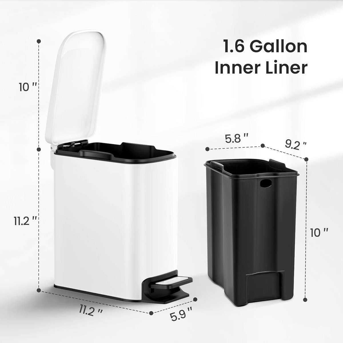 Cesun Small Bathroom Trash Can with Lid Soft Close, Step Pedal, 6 Liter / 1.6 Gallon Stainless Steel Slim Garbage Can for Bedroom, Diaper Waste Basket with Removable Inner Bucket (White) - Image 6