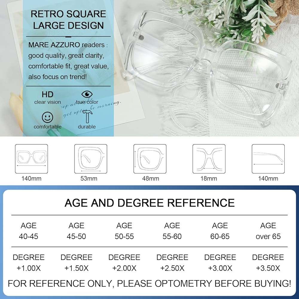 MARE AZZURO Oversized Reading Glasses Women Trendy Square Readers 1.0 1.25 1.5 1.75 2.0 2.25 2.5 2.75 3.0 3.5 4.0 5.0 6.0 - Image 5