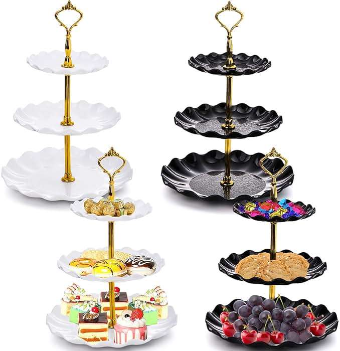 DEAYOU 4 Pack 3 Tier Cupcake Dessert Stand, Plastic Tiered Cake Stand Display Tower, Pastry Serving Tray Platter Rack Holder for Buffet, Cookie, Party, Wedding, Home Decor, White Gold, Black Gold - Image 1