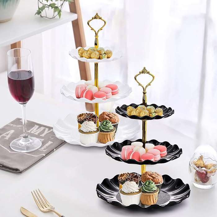 DEAYOU 4 Pack 3 Tier Cupcake Dessert Stand, Plastic Tiered Cake Stand Display Tower, Pastry Serving Tray Platter Rack Holder for Buffet, Cookie, Party, Wedding, Home Decor, White Gold, Black Gold - Image 2