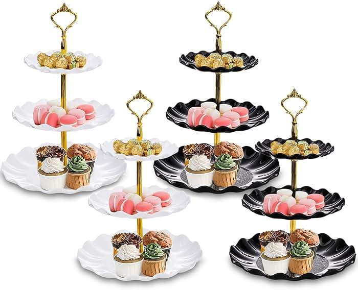 DEAYOU 4 Pack 3 Tier Cupcake Dessert Stand, Plastic Tiered Cake Stand Display Tower, Pastry Serving Tray Platter Rack Holder for Buffet, Cookie, Party, Wedding, Home Decor, White Gold, Black Gold - Image 4