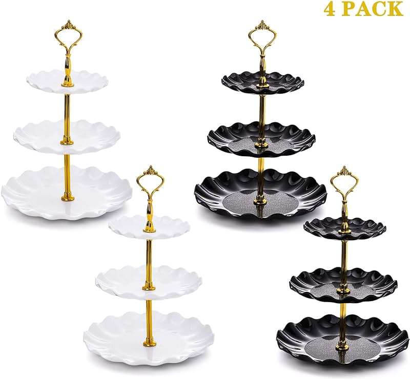 DEAYOU 4 Pack 3 Tier Cupcake Dessert Stand, Plastic Tiered Cake Stand Display Tower, Pastry Serving Tray Platter Rack Holder for Buffet, Cookie, Party, Wedding, Home Decor, White Gold, Black Gold - Image 7