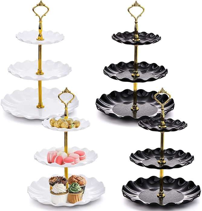DEAYOU 4 Pack 3 Tier Cupcake Dessert Stand, Plastic Tiered Cake Stand Display Tower, Pastry Serving Tray Platter Rack Holder for Buffet, Cookie, Party, Wedding, Home Decor, White Gold, Black Gold - Image 8