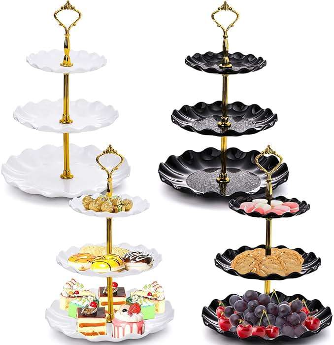 DEAYOU 4 Pack 3 Tier Cupcake Dessert Stand, Plastic Tiered Cake Stand Display Tower, Pastry Serving Tray Platter Rack Holder for Buffet, Cookie, Party, Wedding, Home Decor, White Gold, Black Gold - Image 9