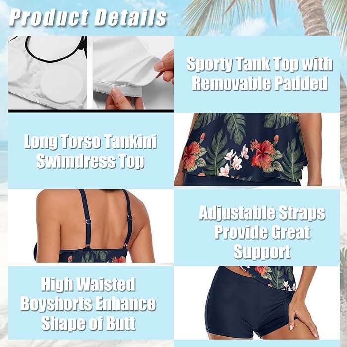 Urchics 2026 Women Two Piece Tankini Swimsuit Tummy Control Plus Size Long Torso Top and High Waisted Boyshorts Bathing Suits - Image 3