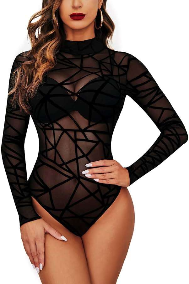 Avidlove Long Sleeve Bodysuit for Women Turtleneck Sheer Mesh Bodysuit Geo Print Leotards - Image 1