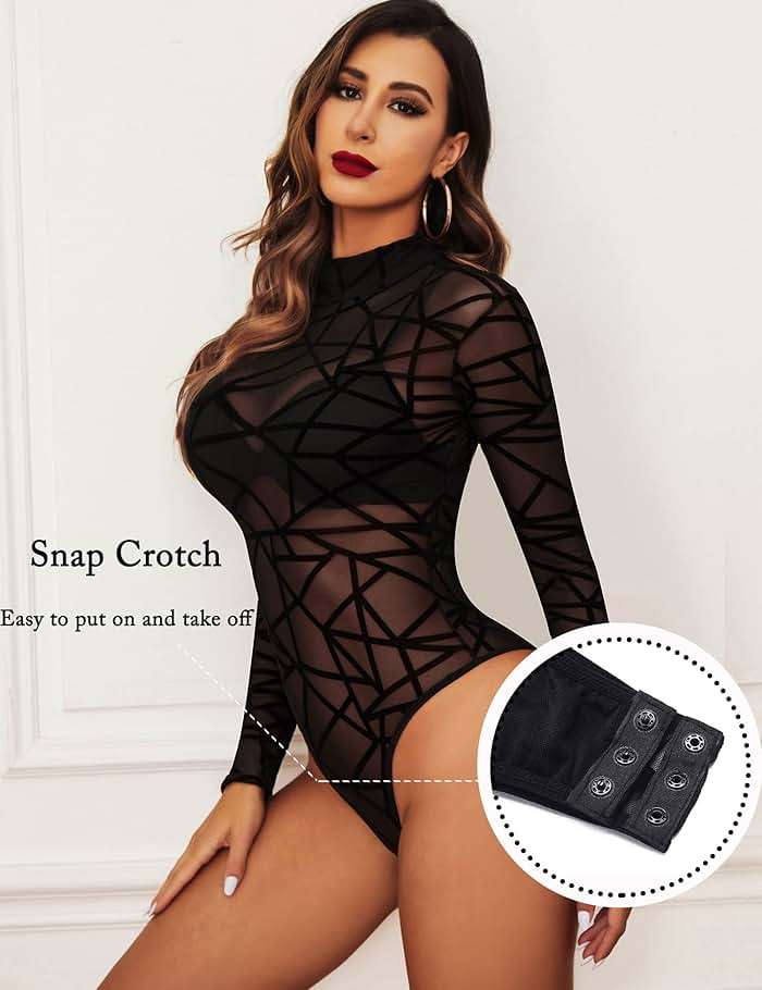 Avidlove Long Sleeve Bodysuit for Women Turtleneck Sheer Mesh Bodysuit Geo Print Leotards - Image 2
