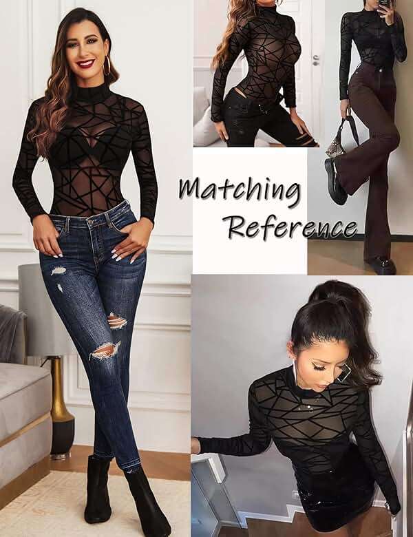 Avidlove Long Sleeve Bodysuit for Women Turtleneck Sheer Mesh Bodysuit Geo Print Leotards - Image 3