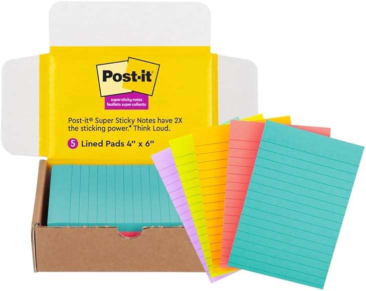 Post-it Super Sticky Lined Notes, 5 Sticky Note Pads, 4x6 in, 2X the Sticking Power, School Supplies, Office Products, Sticky Notes for Vertical Surfaces, Monitors, Walls and Windows, Bright Colors - Image 1