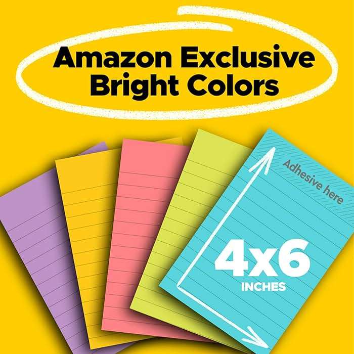 Post-it Super Sticky Lined Notes, 5 Sticky Note Pads, 4x6 in, 2X the Sticking Power, School Supplies, Office Products, Sticky Notes for Vertical Surfaces, Monitors, Walls and Windows, Bright Colors - Image 3