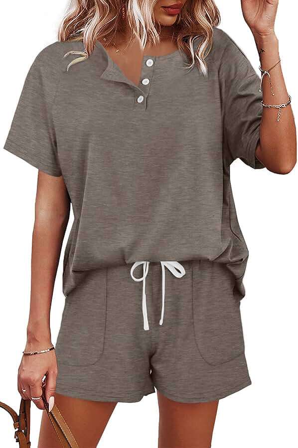 WIHOLL Two Piece Outfits for Women Lounge Sets Button Down Top and Shorts Set Sweatsuits with Pockets - Image 1