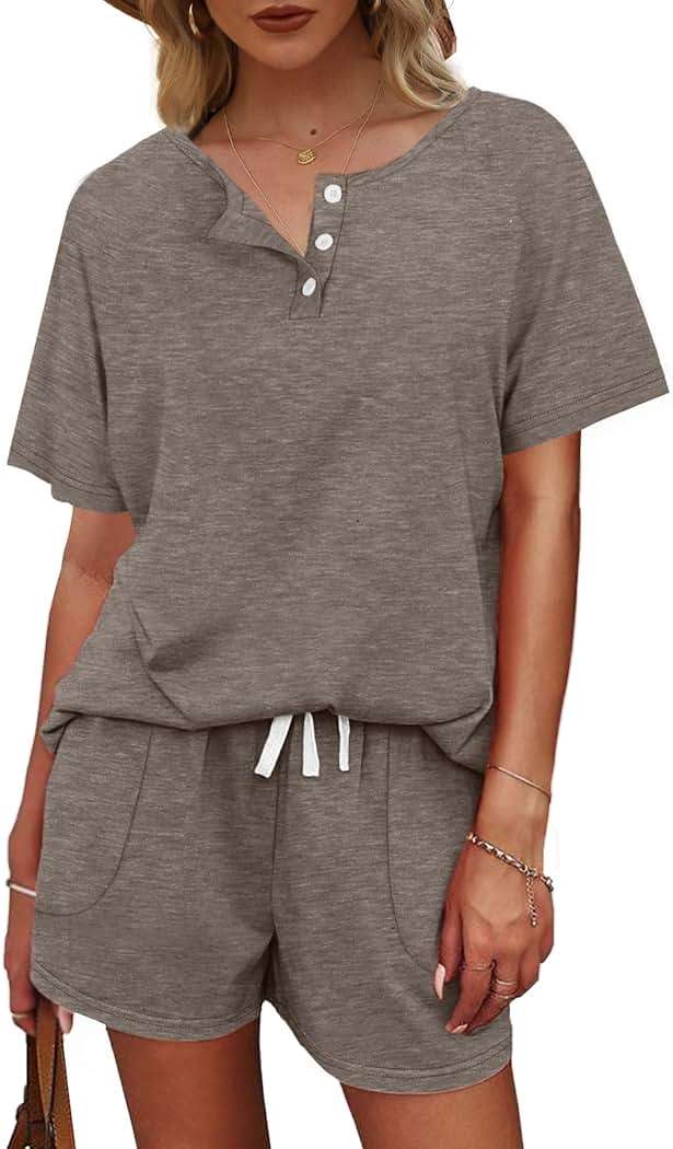WIHOLL Two Piece Outfits for Women Lounge Sets Button Down Top and Shorts Set Sweatsuits with Pockets - Image 3