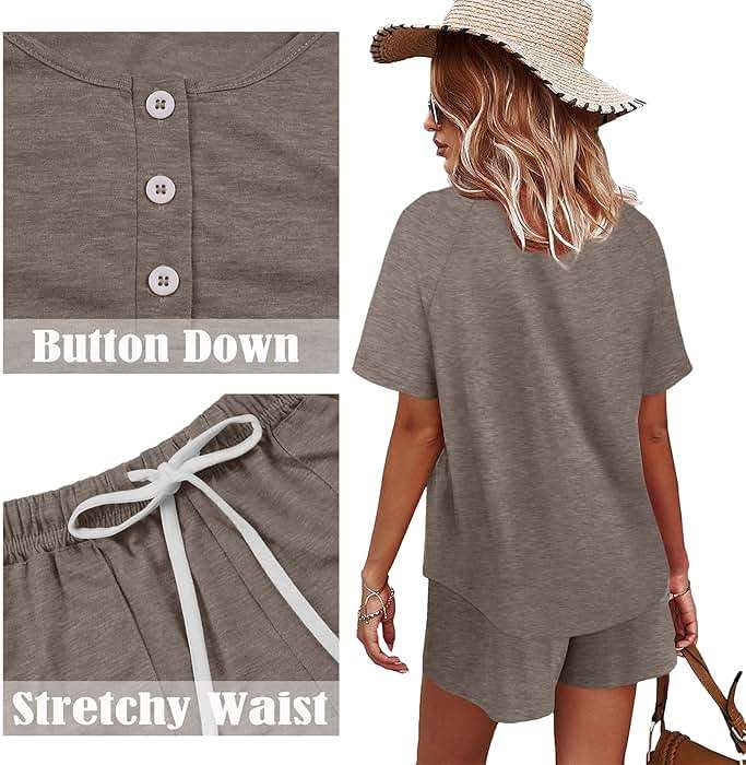 WIHOLL Two Piece Outfits for Women Lounge Sets Button Down Top and Shorts Set Sweatsuits with Pockets - Image 4