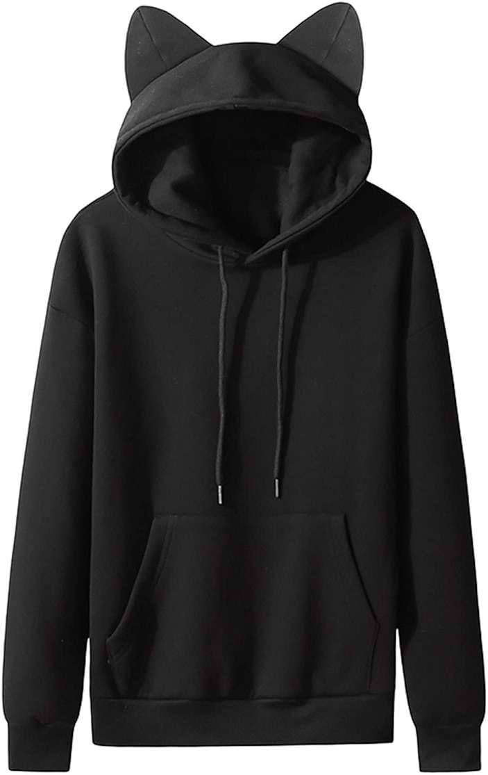Echoollly Kawaii Hooded Sweatshirts Cute Cat Ears Hoodies for Men Plain Pullover Drawstring Pocketed Coat Jacket for Men, Black, Medium - Image 1
