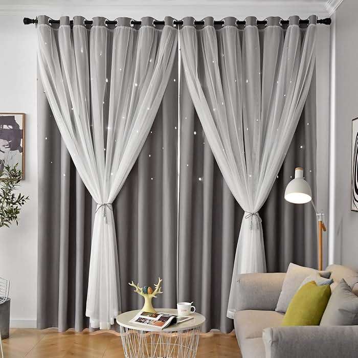 Loyala Star Blackout Double Layer Curtains - Cute Kids Bedroom & Nursery Curtains, 63 Inch Length, 2 Panels, Grey - Image 1