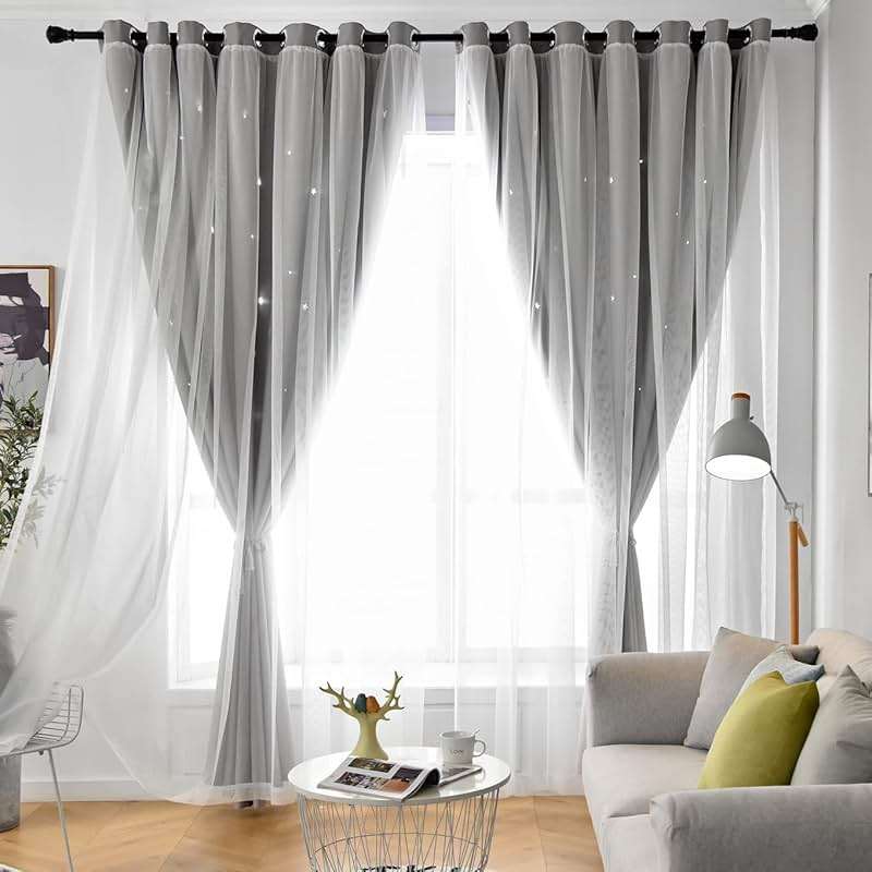 Loyala Star Blackout Double Layer Curtains - Cute Kids Bedroom & Nursery Curtains, 63 Inch Length, 2 Panels, Grey - Image 4