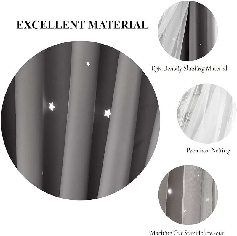 Loyala Star Blackout Double Layer Curtains - Cute Kids Bedroom & Nursery Curtains, 63 Inch Length, 2 Panels, Grey - Image 5