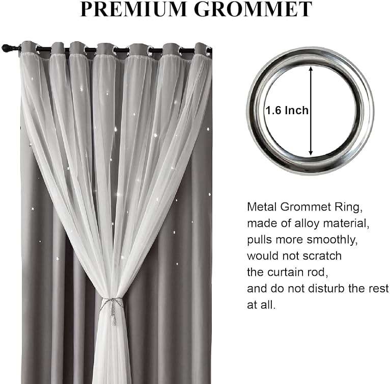 Loyala Star Blackout Double Layer Curtains - Cute Kids Bedroom & Nursery Curtains, 63 Inch Length, 2 Panels, Grey - Image 7