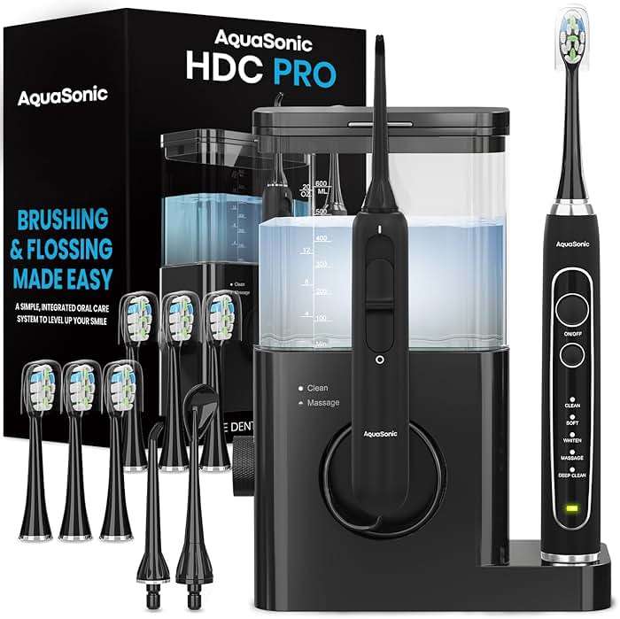 AquaSonic Home Dental Center PRO – Brushing & Flossing Made Easy – Brush & Floss – Power Toothbrush & Water Flosser – Whiter Teeth & Healthier Gums – Black Series Pro+Oral Irrigator - Image 1