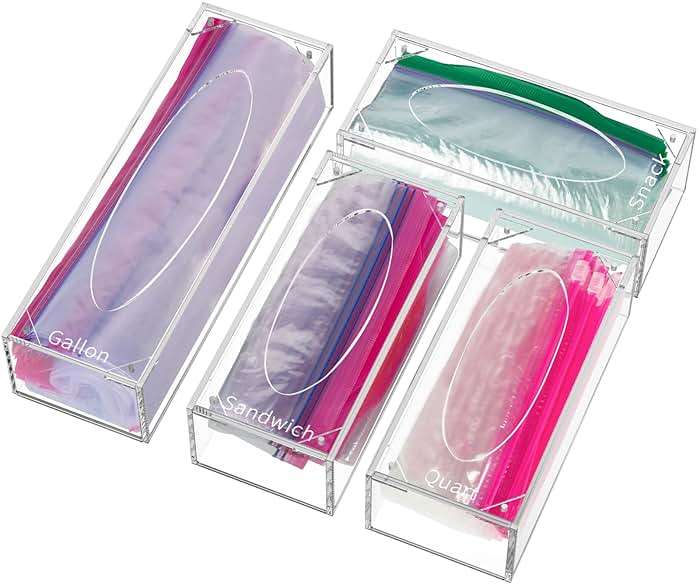 FEMELI Food Bag Storage Organizer, Acrylic Kitchen Drawer Baggie Box, Compatible with Gallon, Slider Quart, Freezer, Sandwich, Snack, Variety Size Bags, 4 separate Pack(Clear) - Image 1