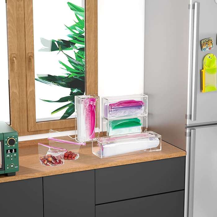 FEMELI Food Bag Storage Organizer, Acrylic Kitchen Drawer Baggie Box, Compatible with Gallon, Slider Quart, Freezer, Sandwich, Snack, Variety Size Bags, 4 separate Pack(Clear) - Image 2