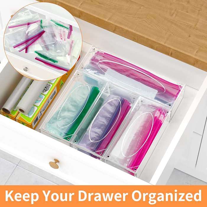 FEMELI Food Bag Storage Organizer, Acrylic Kitchen Drawer Baggie Box, Compatible with Gallon, Slider Quart, Freezer, Sandwich, Snack, Variety Size Bags, 4 separate Pack(Clear) - Image 4