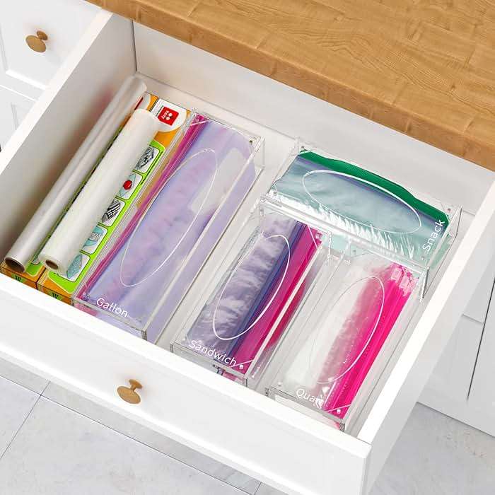 FEMELI Food Bag Storage Organizer, Acrylic Kitchen Drawer Baggie Box, Compatible with Gallon, Slider Quart, Freezer, Sandwich, Snack, Variety Size Bags, 4 separate Pack(Clear) - Image 5