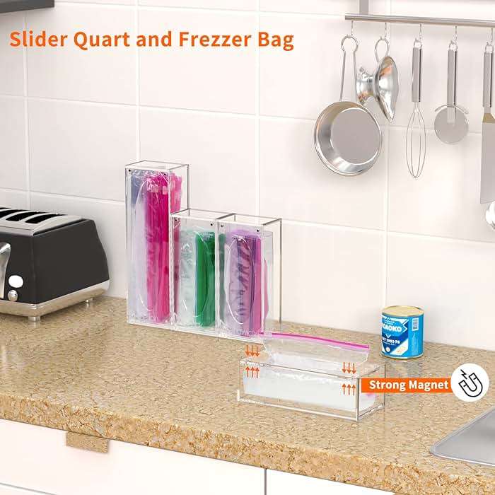 FEMELI Food Bag Storage Organizer, Acrylic Kitchen Drawer Baggie Box, Compatible with Gallon, Slider Quart, Freezer, Sandwich, Snack, Variety Size Bags, 4 separate Pack(Clear) - Image 6