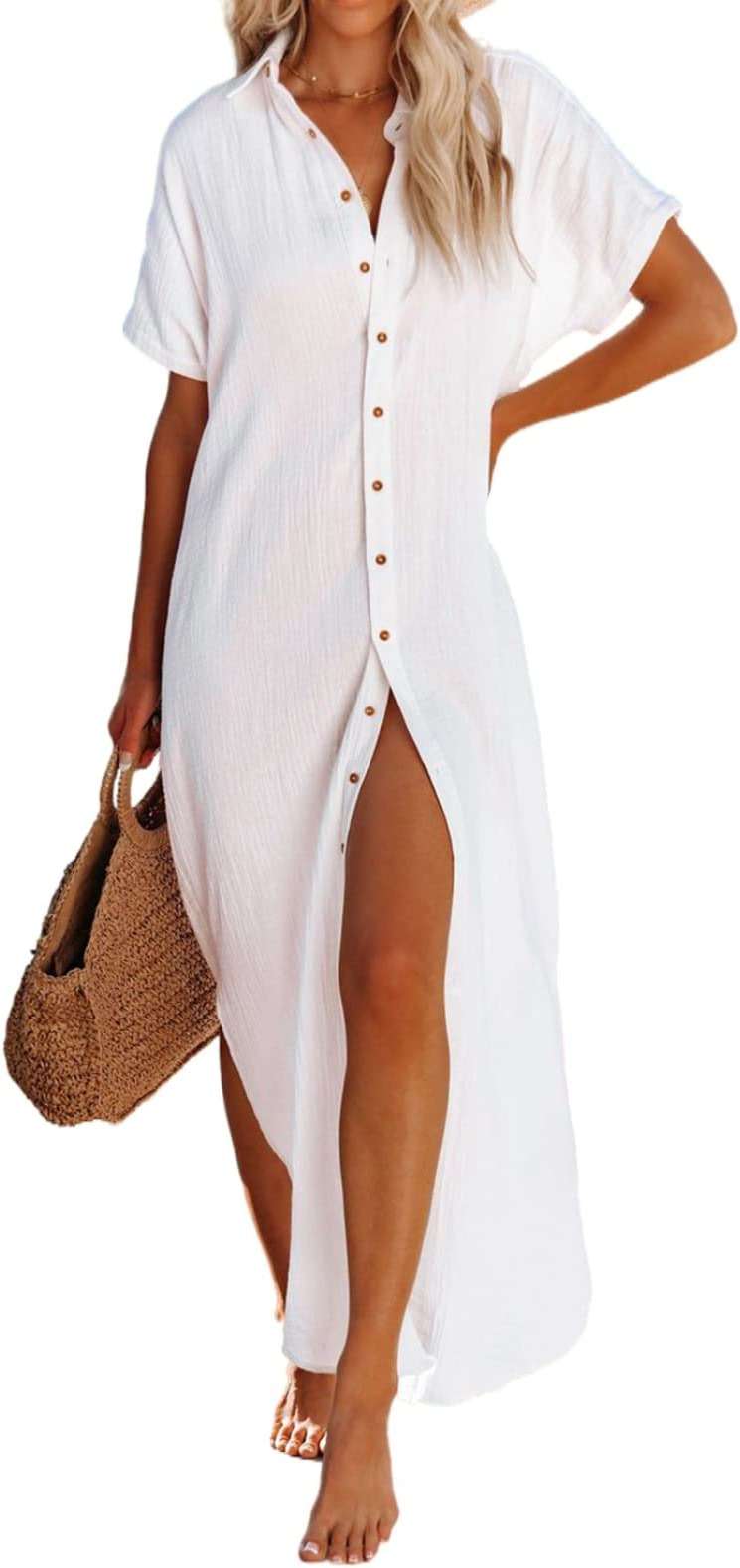 Dokotoo Womens Casual Short Sleeve Side Split Button Down Long Kimonos Cardigans Swimsuit Cover Ups Summer Beach Dress - Image 1