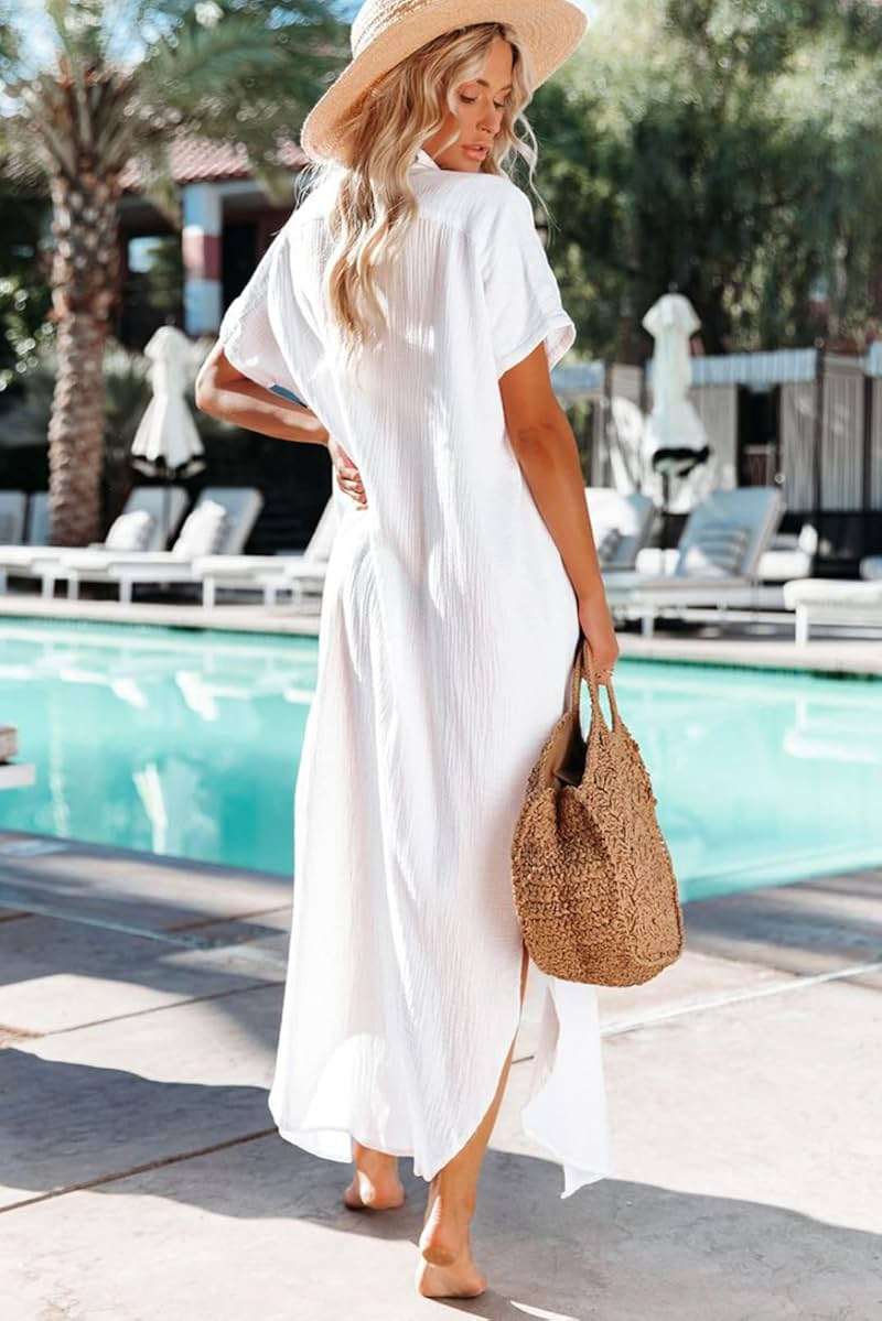 Dokotoo Womens Casual Short Sleeve Side Split Button Down Long Kimonos Cardigans Swimsuit Cover Ups Summer Beach Dress - Image 4