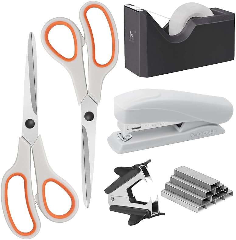 Asdirne Office Supplies Kit, Desk Accessory Set, Including 2 Scissors, 1 Stapler,1000 Pieces 26/6 Staples, 1 Staple Remover, 1 Tape Dispenser and 1 Tape, Perfect Office Partners - Image 1