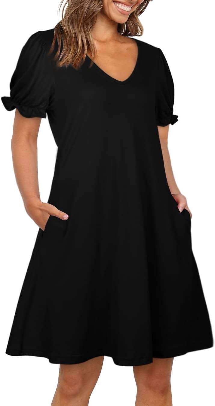 Aloodor Women's Casual Dresses Short Sleeve V-Neck Dress with Pockets - Image 3