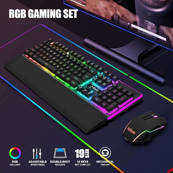 RedThunder K10 Wired Gaming Keyboard and Mouse and Wrist Rest Combo, RGB Backlit, Mechanical Feel Anti-ghosting Keyboard + 7D 7200 DPI Mice+Soft Leather Wrist Rest 3 in 1 PC Gamer Accessories(Black) - Image 2