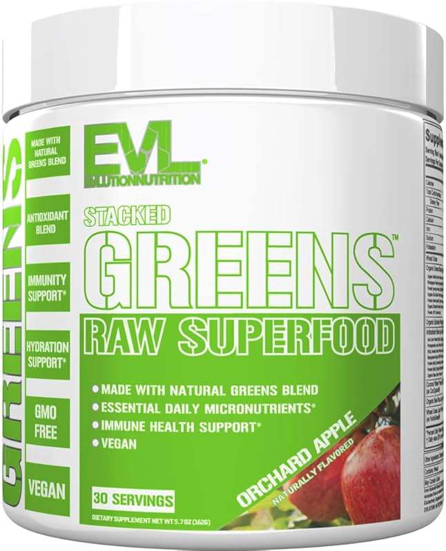 Evlution Nutrition Stacked Greens - Raw Superfood - Made with Natural Greens Blend + Essential Daily Micronutrients - Immunity + Hydration Support - Vegan & GMO-Free - 30 Servings - Orchard Apple - Image 1