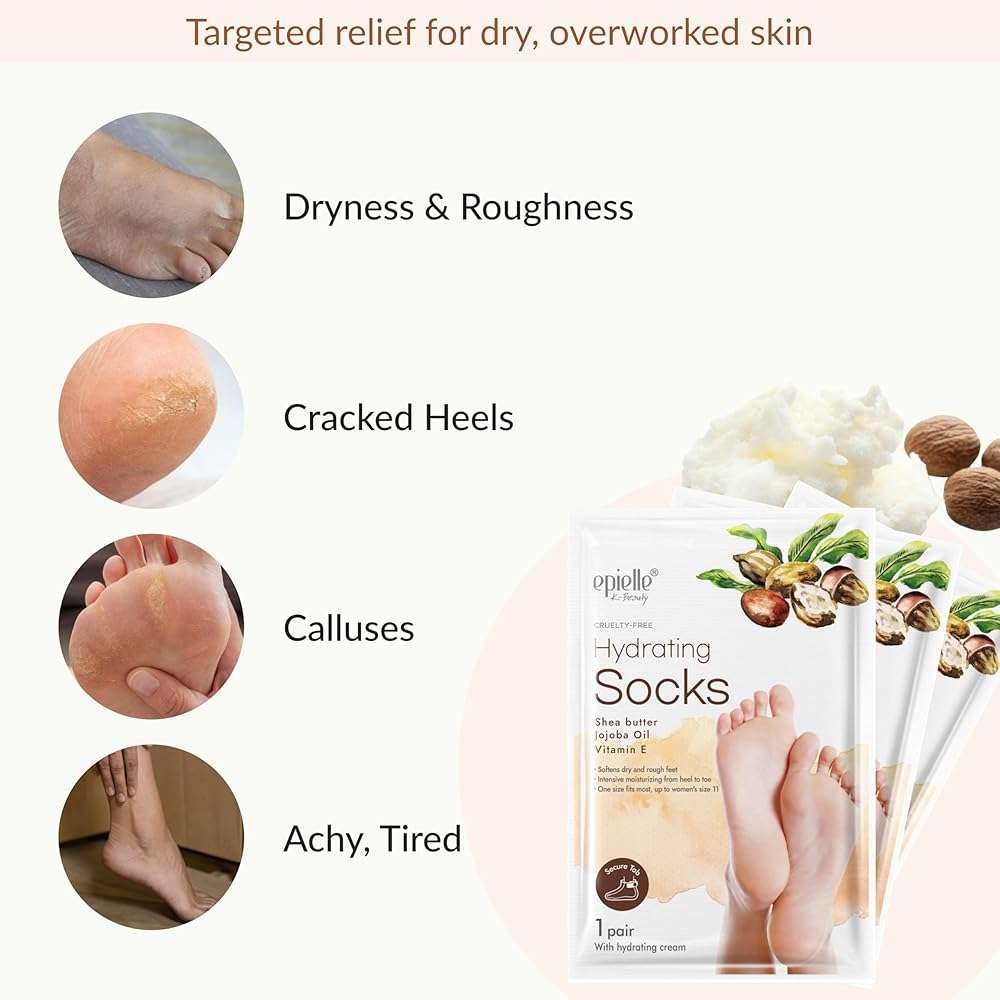 Epielle Hydrating Foot Mask 6 Pairs, Relieve and Soften with Shea Butter & Jojoba Oil, Deep Moisturizing Socks for Dry, Cracked Feet, Self Care Gifts for Women, Spa Kit - Image 4