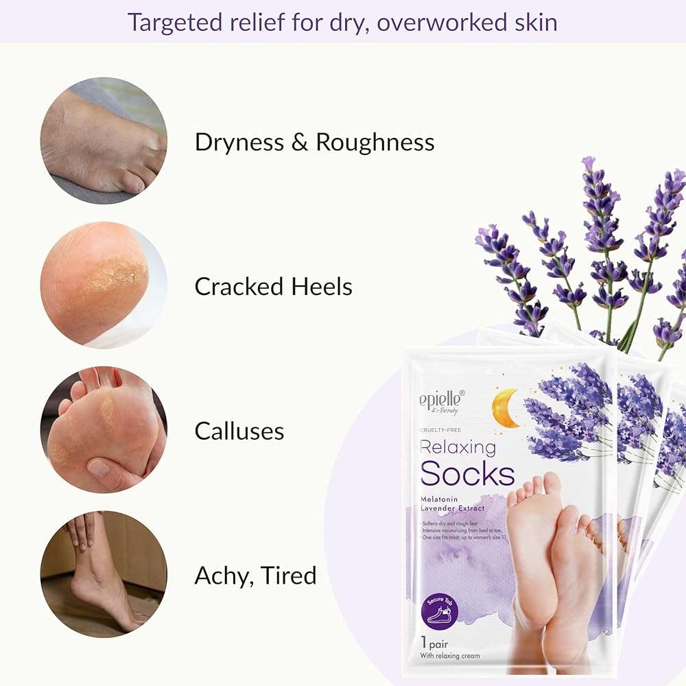 Epielle Relaxing Foot Mask 6 Pairs, Soften and Restore with Melatonin & Lavender Extract, Deep Moisturizing Socks for Dry, Cracked Feet, Self Care Gifts for Women, Spa Kit - Image 4
