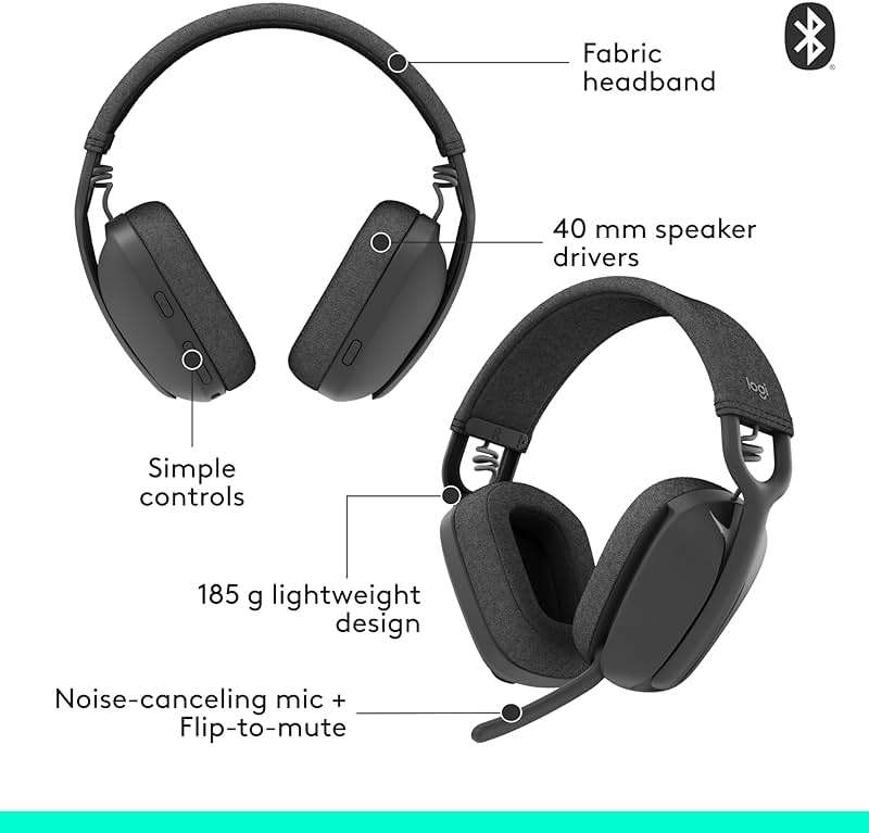 Logitech Zone Vibe 100 Lightweight Wireless Over Ear Headphones with Noise Canceling Microphone, Advanced Multipoint Bluetooth Headset, Works with Teams, Google Meet, Zoom, Mac/PC - Graphite - Image 8