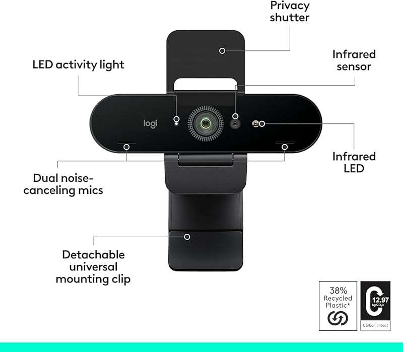Logitech Brio 4K Webcam, Video Calling, Noise-Cancelling mic, HD Auto Light Correction, Wide Field of View, Windows Hello Works with Microsoft Teams, Zoom, Google Meet, PC/Mac/Laptop/MacBook/Tablet - Image 8