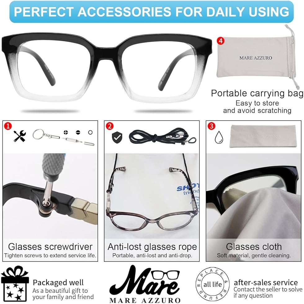 MARE AZZURO Oversized Reading Glasses Women Retro Square Readers 1.0 1.25 1.5 1.75 2.0 2.25 2.5 2.75 3.0 3.5 (Black+clear, 2.50) - Image 6