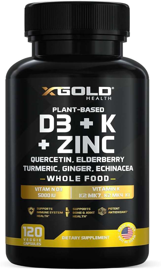 Vitamin D, K2, K1, Zinc, Quercetin, Elderberry, Turmeric, Ginger & Echinacea Whole Food Supplement 8 in 1- D3 5000 IU Plant-Based from Lichen, Vitamin K (K2 MK7, MK4, K1), D3 K2 Vitamins -120 Capsules - Image 1