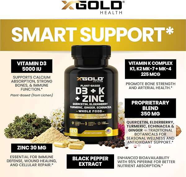 Vitamin D, K2, K1, Zinc, Quercetin, Elderberry, Turmeric, Ginger & Echinacea Whole Food Supplement 8 in 1- D3 5000 IU Plant-Based from Lichen, Vitamin K (K2 MK7, MK4, K1), D3 K2 Vitamins -120 Capsules - Image 3