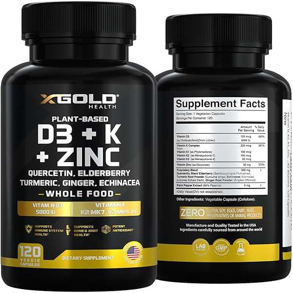 Vitamin D, K2, K1, Zinc, Quercetin, Elderberry, Turmeric, Ginger & Echinacea Whole Food Supplement 8 in 1- D3 5000 IU Plant-Based from Lichen, Vitamin K (K2 MK7, MK4, K1), D3 K2 Vitamins -120 Capsules - Image 7